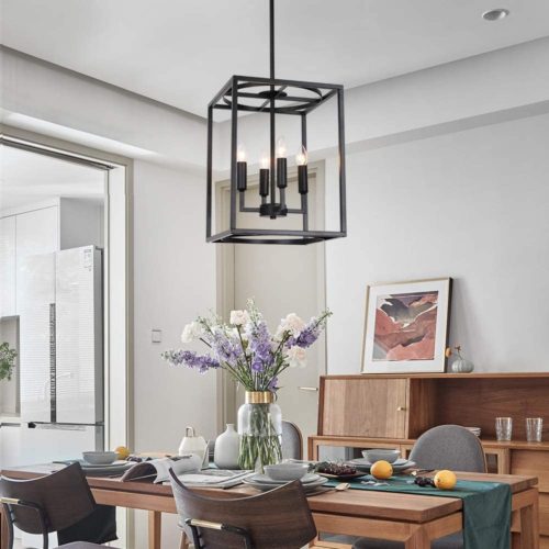 dining room with industrial pendant cage light