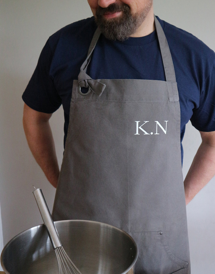 grey monogrammed kitchen apron