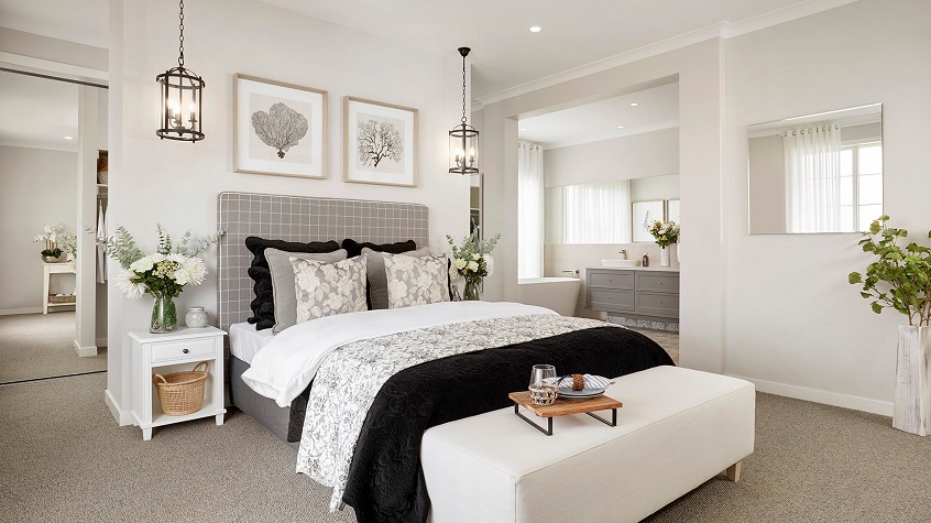 bedroom inspired by Hamptons in grey and dark blue colors
